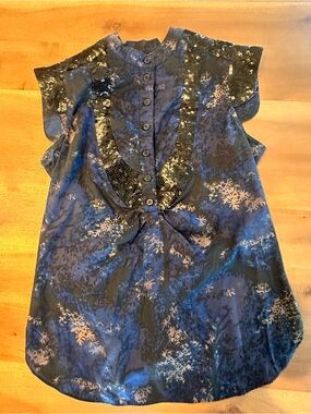 French Connection Navy Blue & Black Sequin-Trim Cap Sleeve Blouse